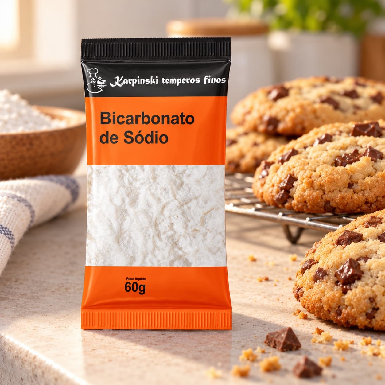 Bicarbonato de Sódio em Sachê Karpinski 60 g — com biscoitos caseiros
