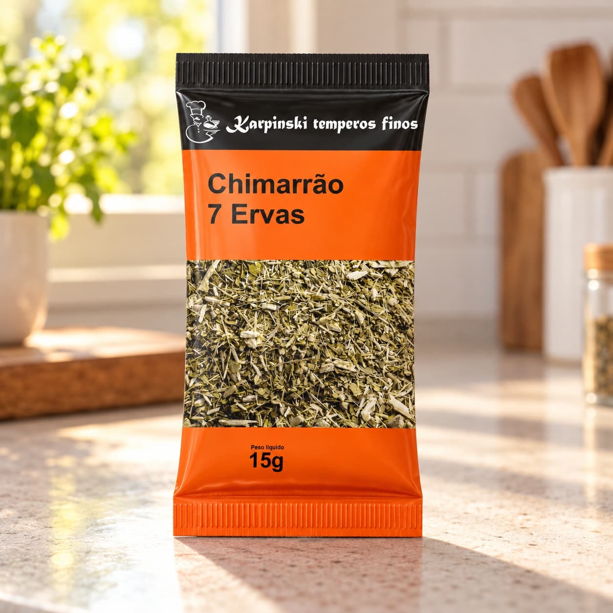 Chá Chimarrão 7 Ervas Karpinski 15 g — na bancada da cozinha