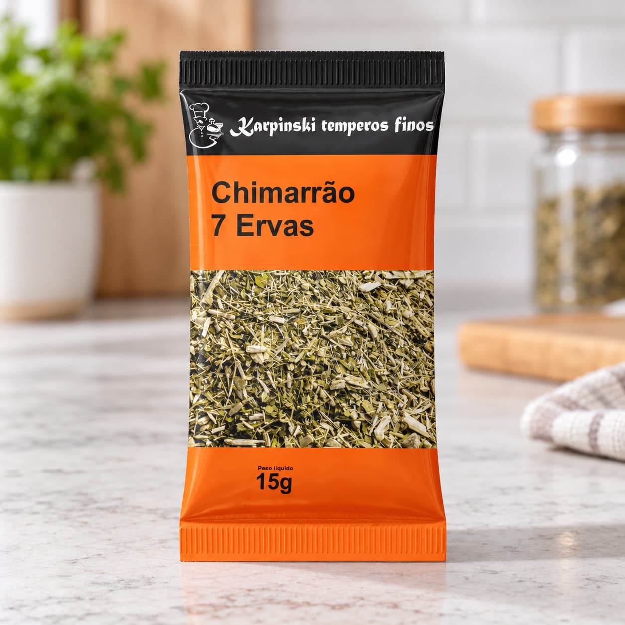 Chá Chimarrão 7 Ervas Karpinski 15 g — detalhe da embalagem e do rótulo
