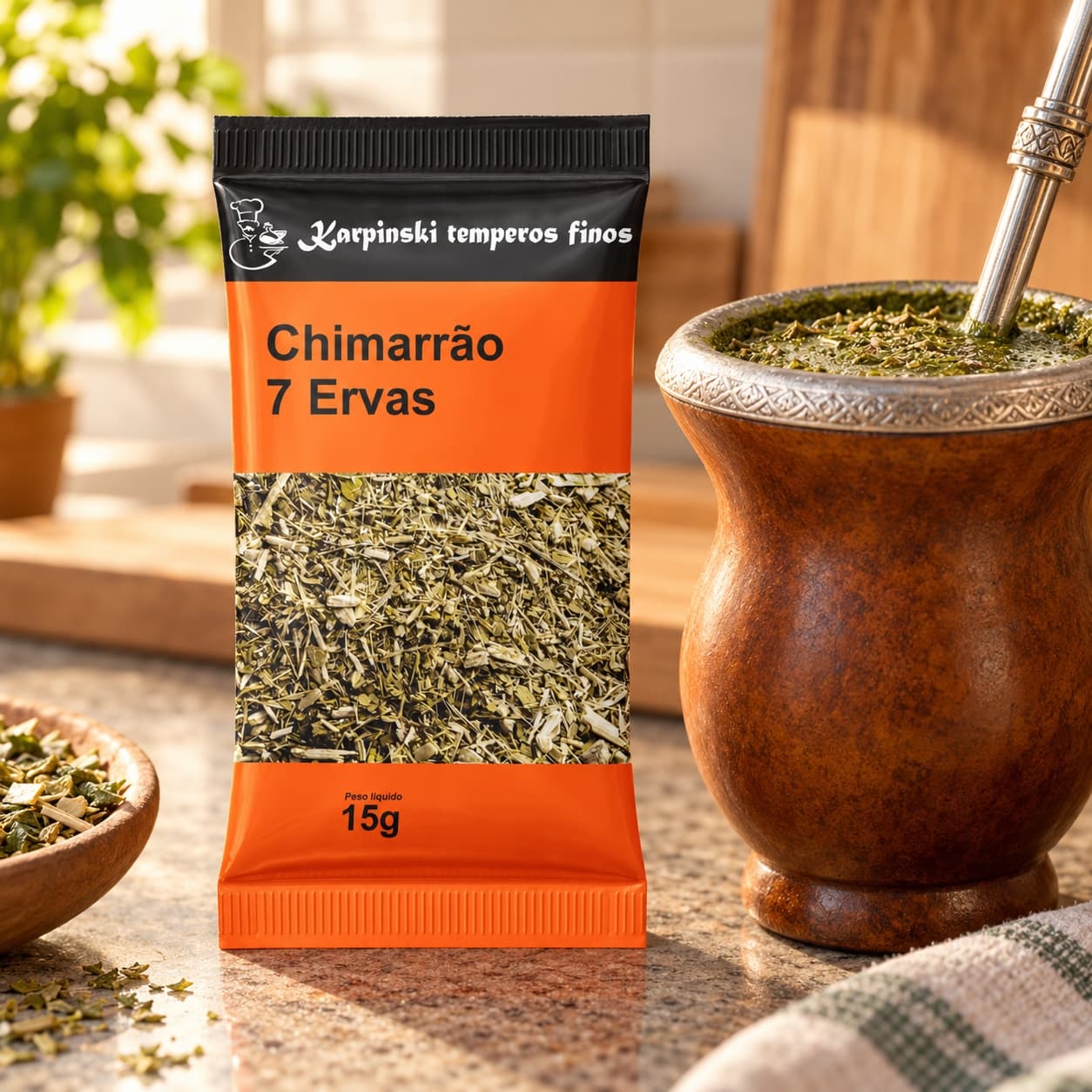 Chá Chimarrão 7 Ervas Karpinski 15 g — com chimarrão preparado em cuia