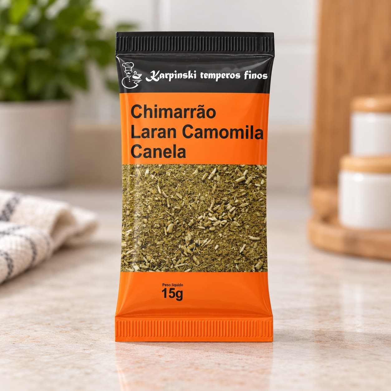 Chá Chimarrão Laranja Camomila e Canela Karpinski 15 g — detalhe da embalagem e do rótulo
