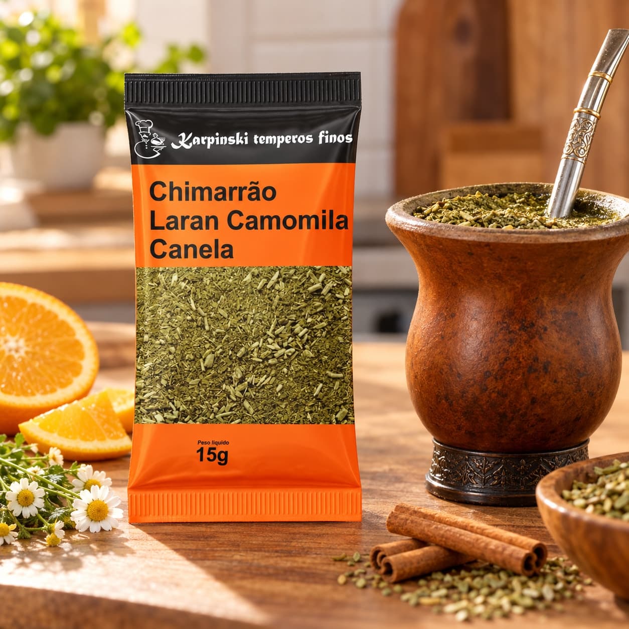 Chá Chimarrão Laranja Camomila e Canela Karpinski 15 g — com chimarrão preparado em cuia