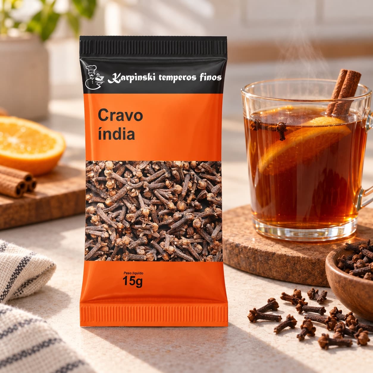 Cravo-da-Índia em Sachê Karpinski 15 g — ao lado de bebida quente com especiarias