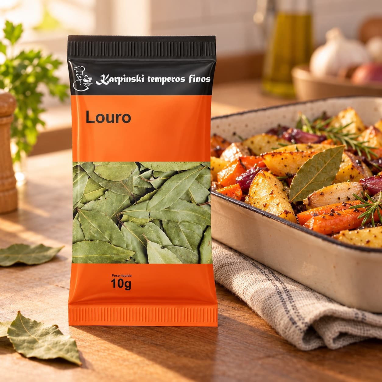 Tempero Louro em Folhas em Sachê Karpinski 10 g — com legumes assados