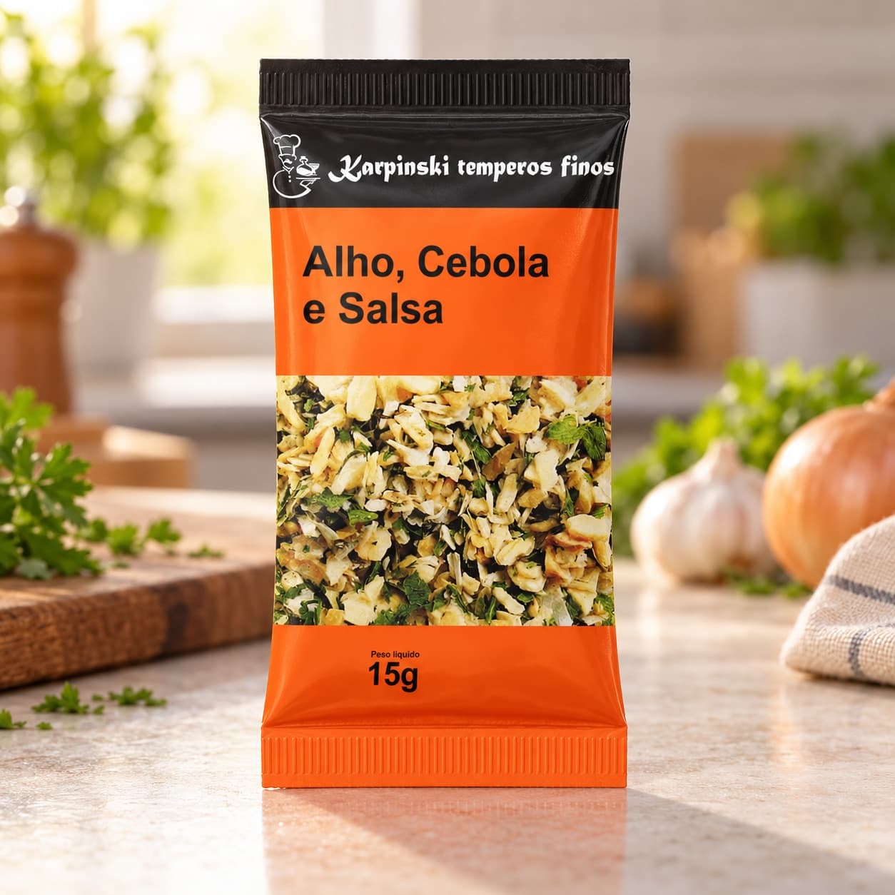 Tempero Cebola, Alho e Salsa em Sachê Karpinski 15 g — na bancada da cozinha