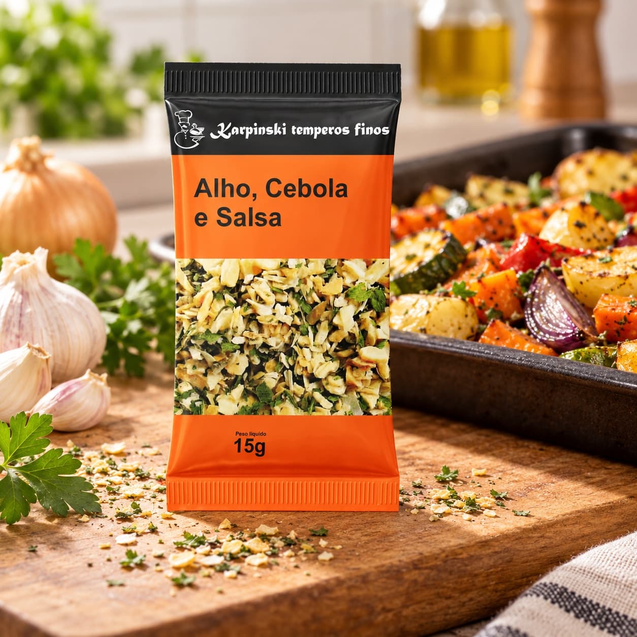 Tempero Cebola, Alho e Salsa em Sachê Karpinski 15 g — no preparo com legumes assados