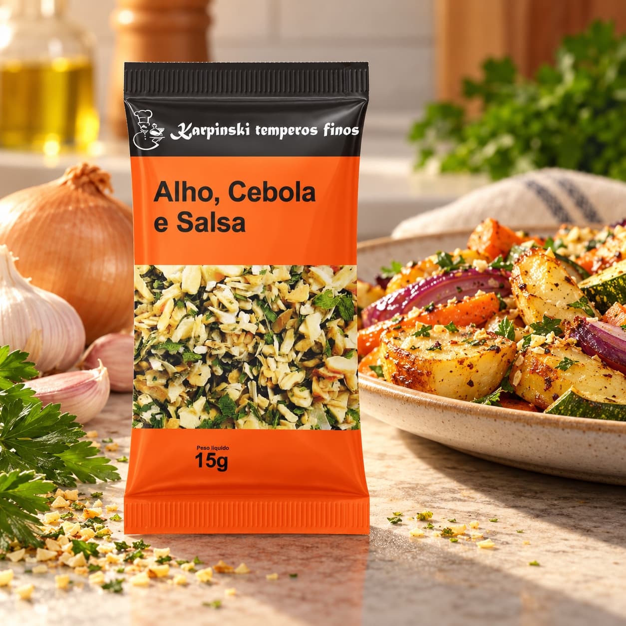 Tempero Cebola, Alho e Salsa em Sachê Karpinski 15 g — com legumes assados