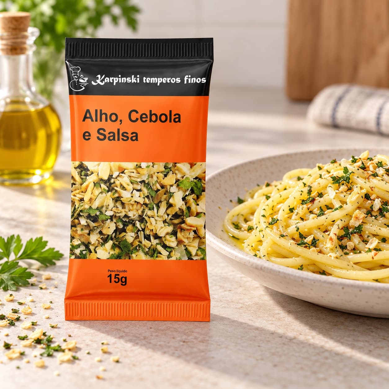 Tempero Cebola, Alho e Salsa em Sachê Karpinski 15 g — ao lado de massa com azeite