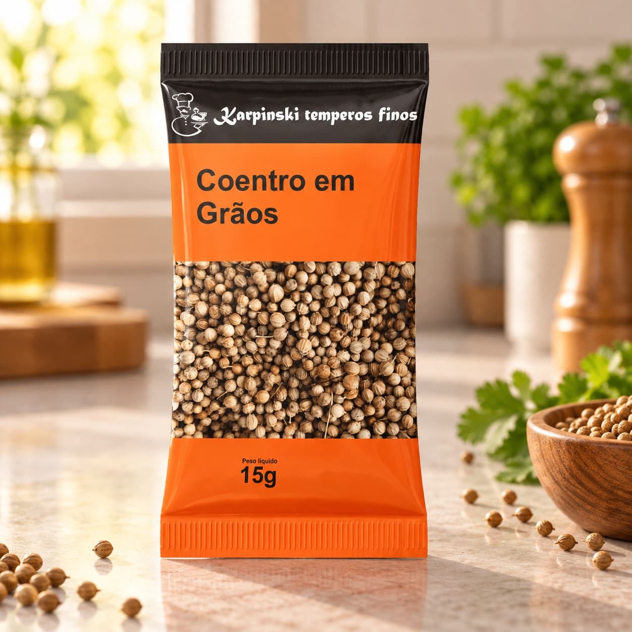 Tempero Coentro em Grãos em Sachê Karpinski 15 g — na bancada da cozinha