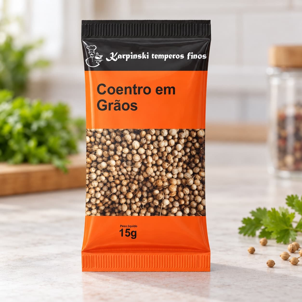 Tempero Coentro em Grãos em Sachê Karpinski 15 g — detalhe da embalagem e do rótulo