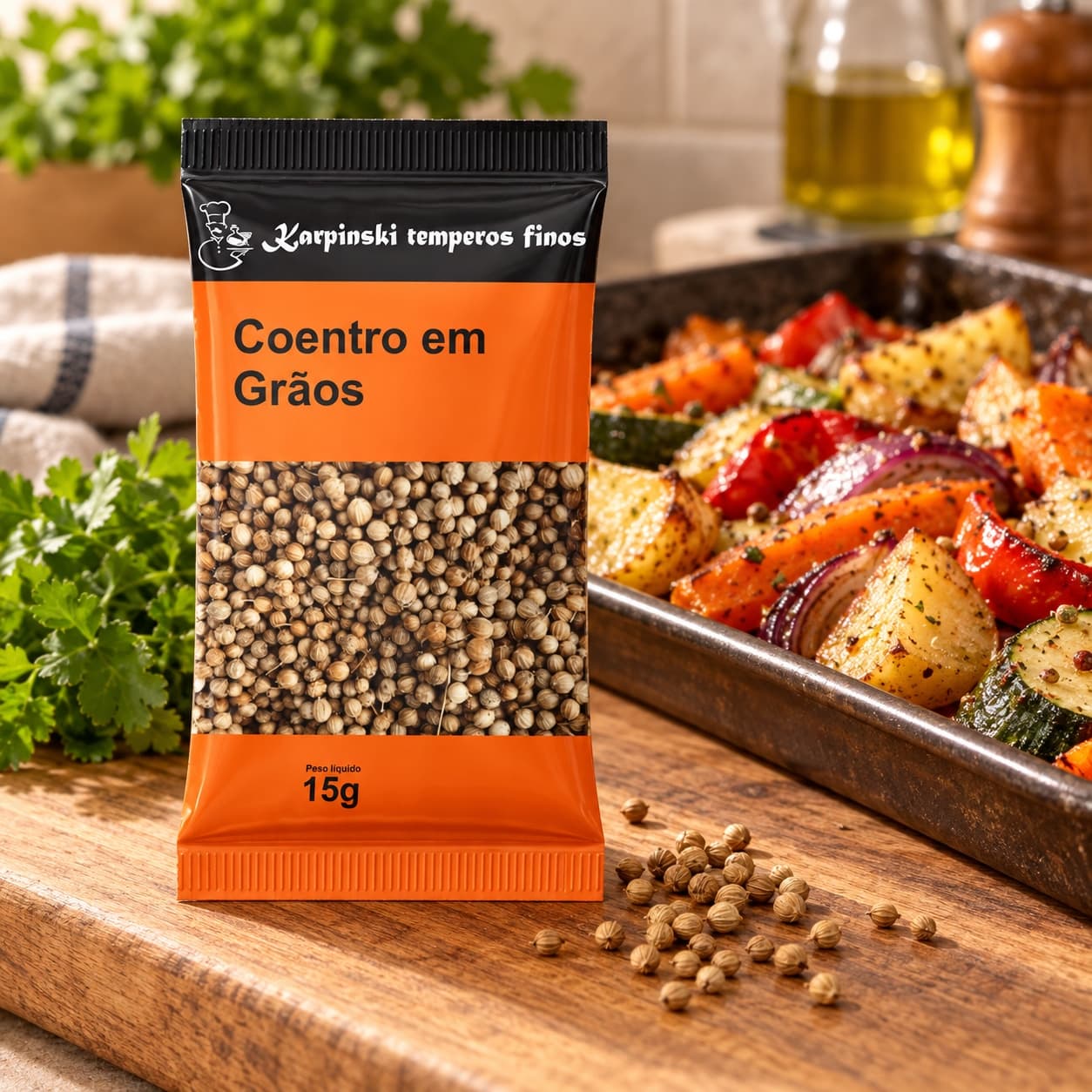 Tempero Coentro em Grãos em Sachê Karpinski 15 g — no preparo com legumes assados