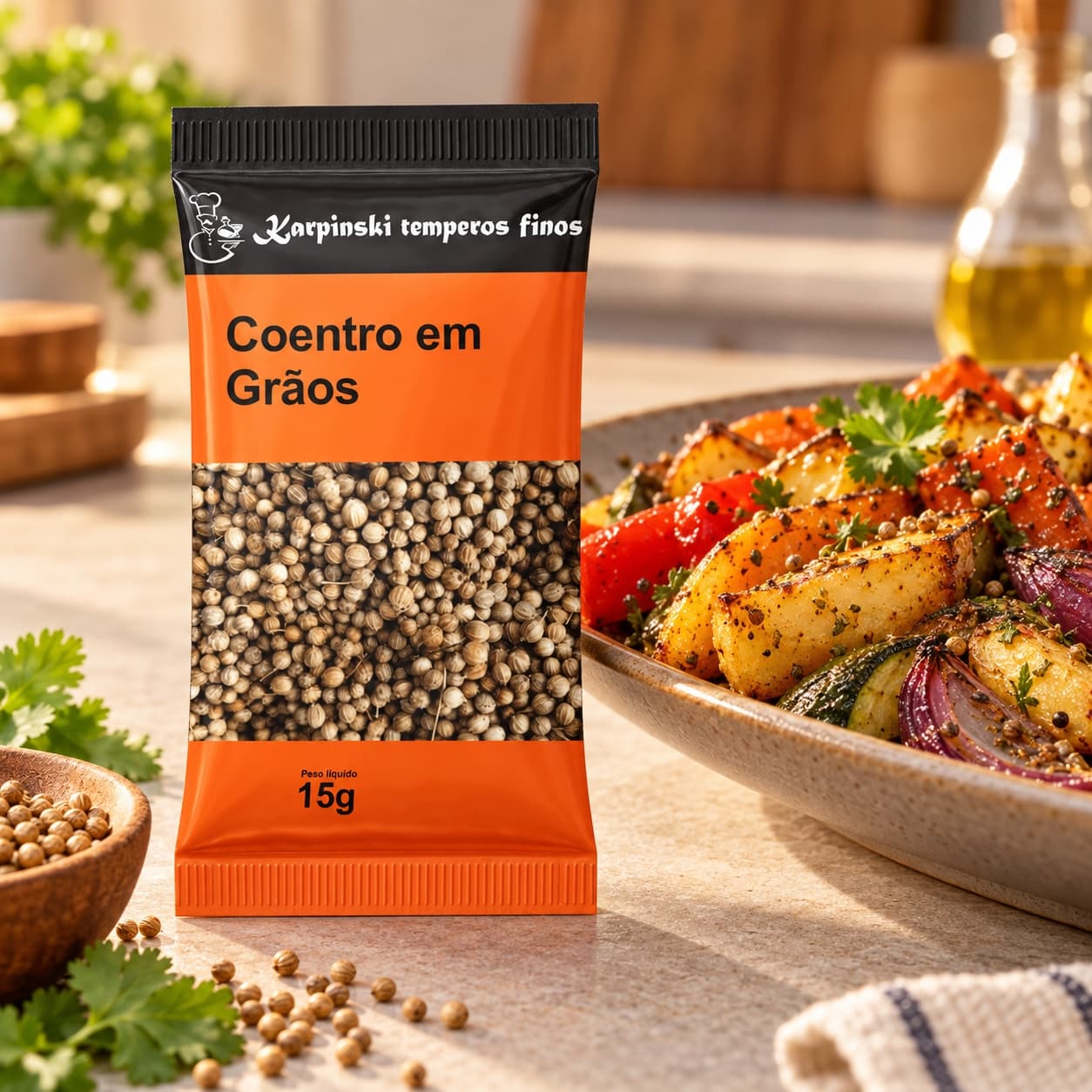 Tempero Coentro em Grãos em Sachê Karpinski 15 g — com legumes assados