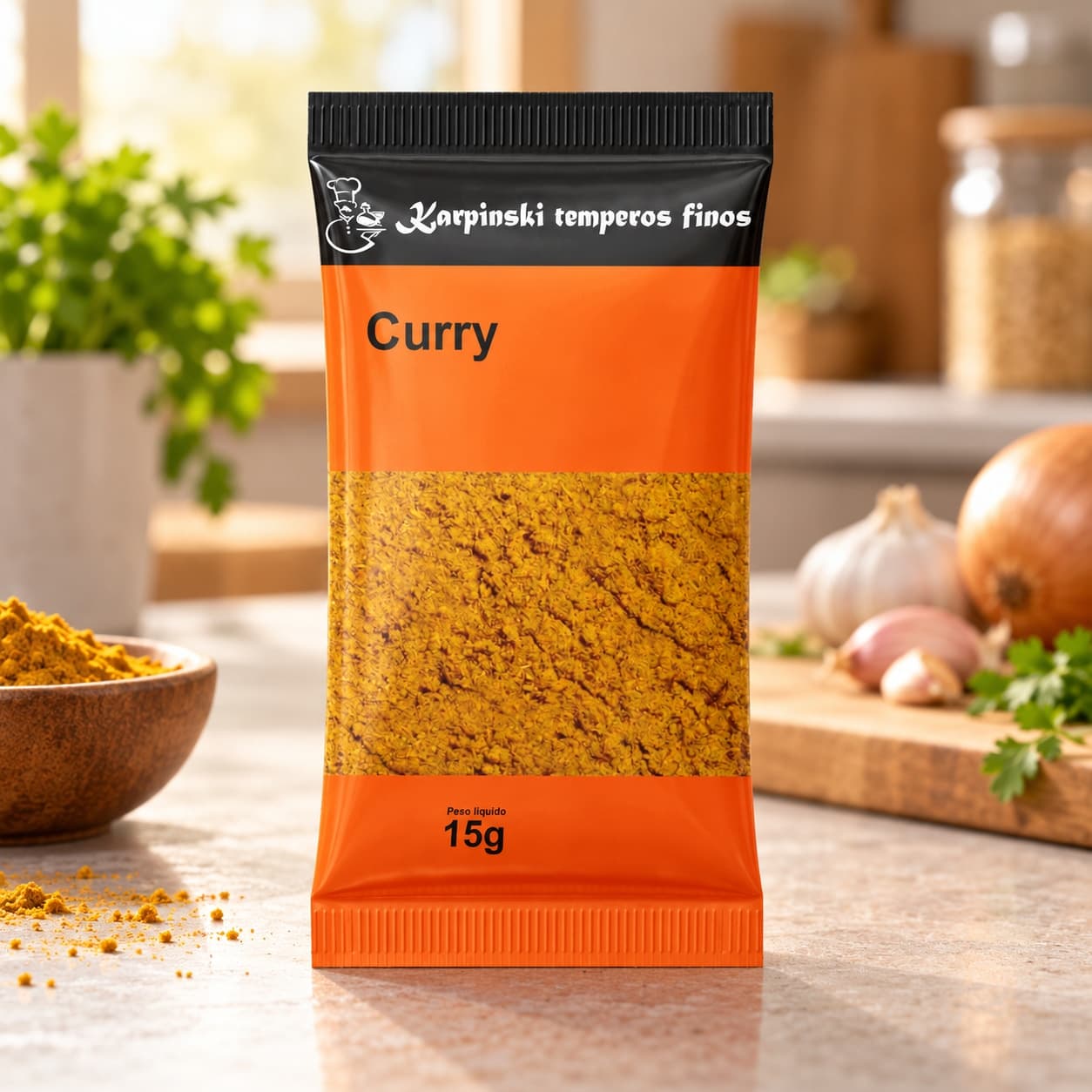 Tempero Curry - Mix de Especiarias em Sachê Karpinski 15 g — na bancada da cozinha