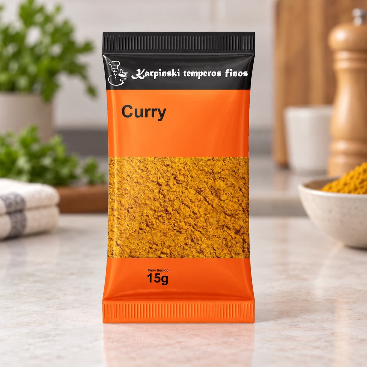 Tempero Curry - Mix de Especiarias em Sachê Karpinski 15 g — detalhe da embalagem e do rótulo