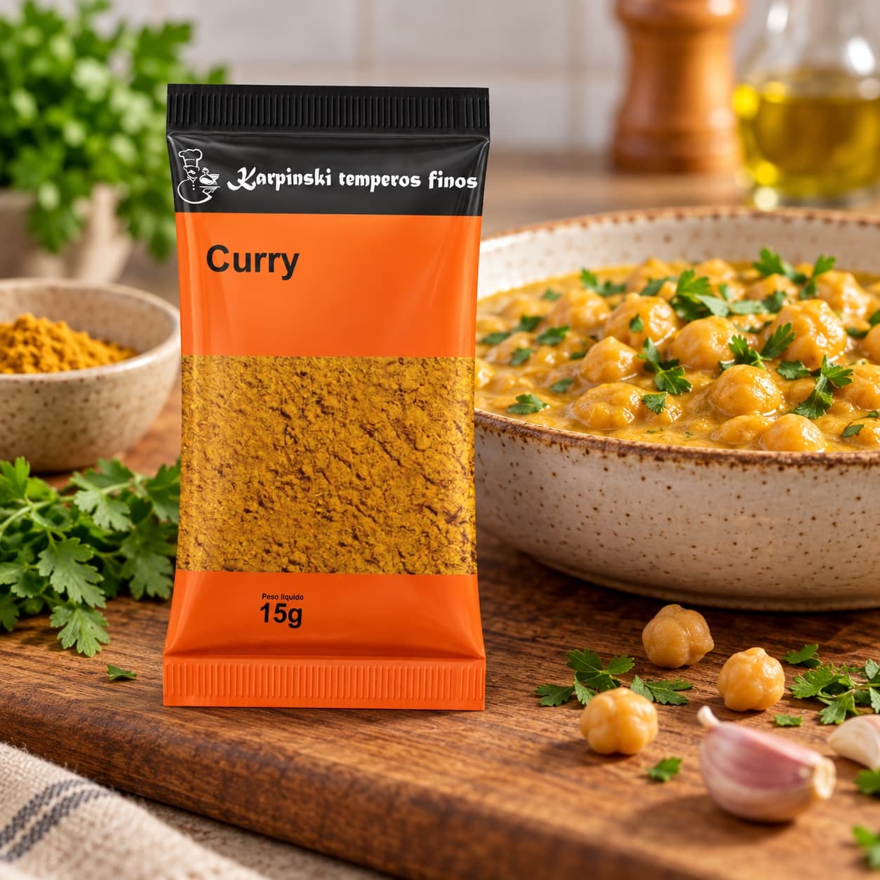 Tempero Curry - Mix de Especiarias em Sachê Karpinski 15 g — no preparo com grão-de-bico ao molho cremoso