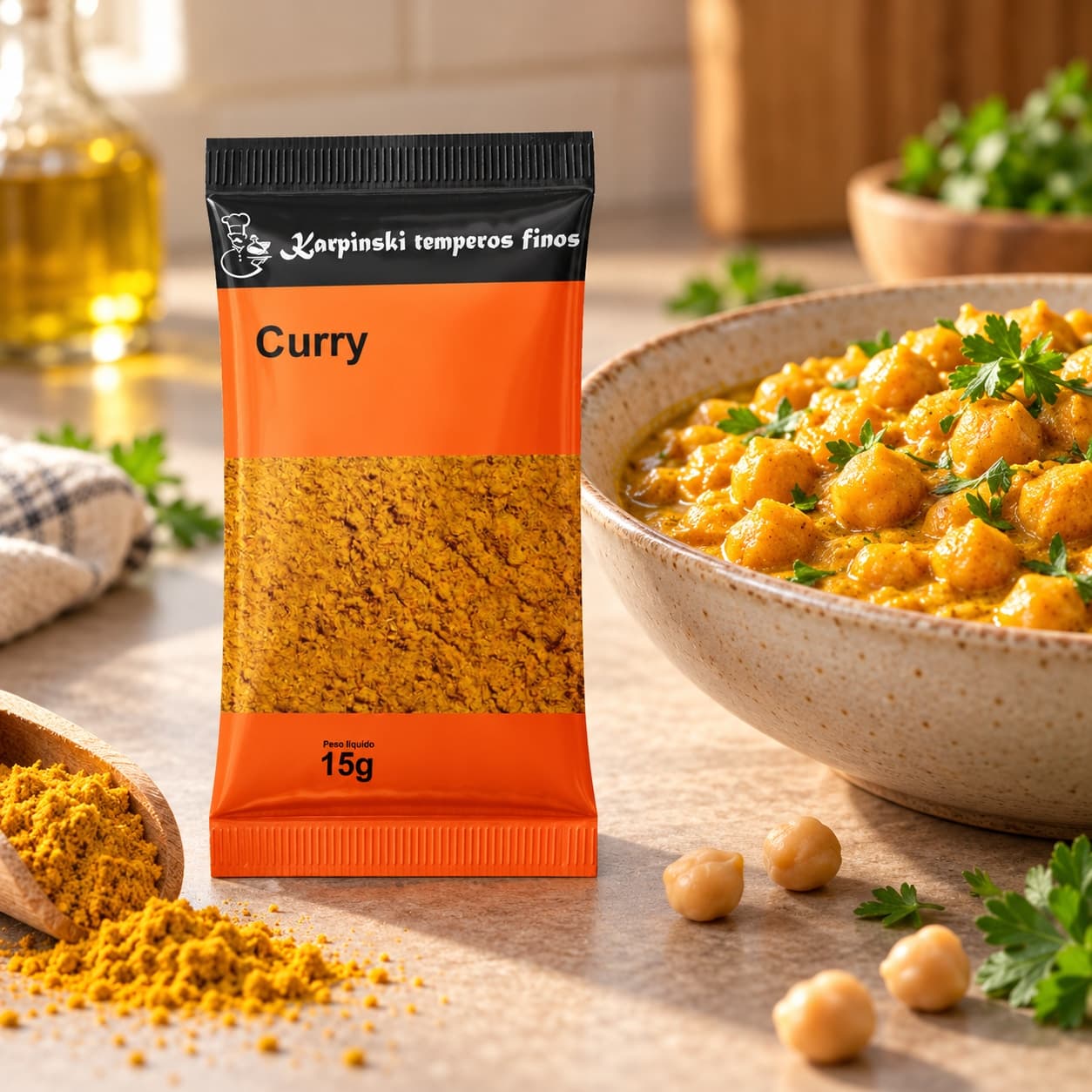 Tempero Curry - Mix de Especiarias em Sachê Karpinski 15 g — com grão-de-bico ao molho cremoso