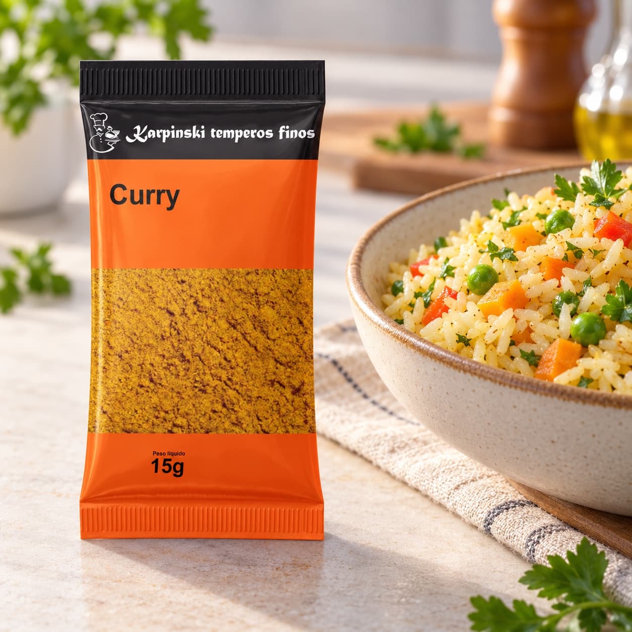 Tempero Curry - Mix de Especiarias em Sachê Karpinski 15 g — ao lado de arroz com legumes