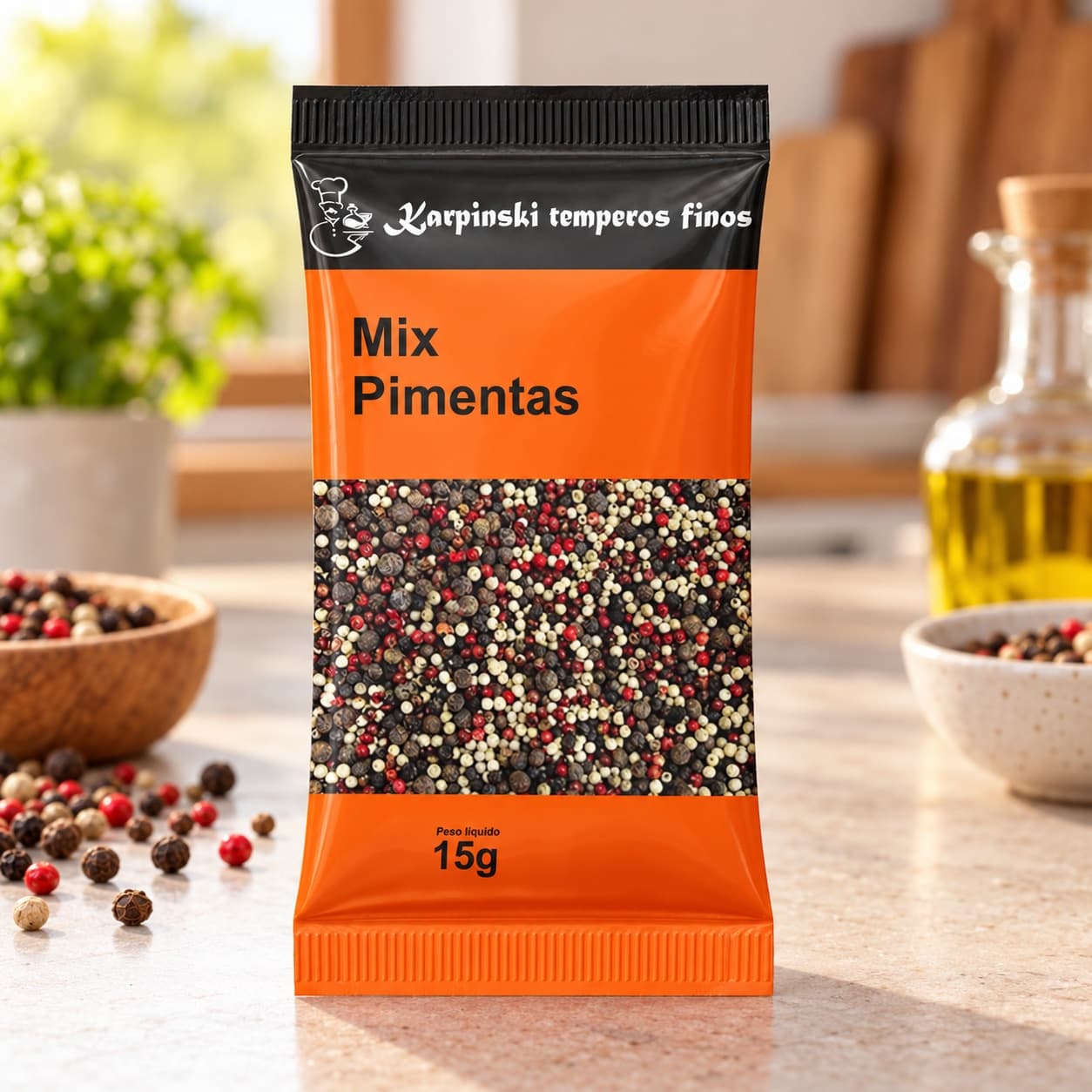 Tempero Mix de Pimentas em Sachê Karpinski 15 g — na bancada da cozinha