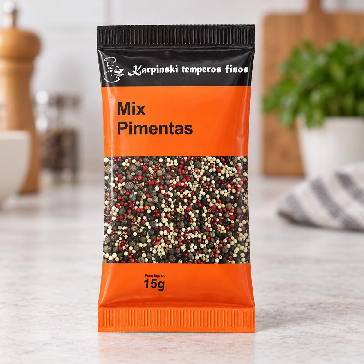 Tempero Mix de Pimentas em Sachê Karpinski 15 g — detalhe da embalagem e do rótulo