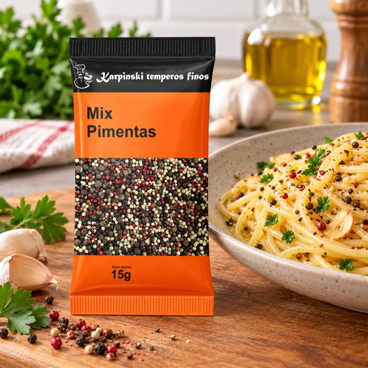 Tempero Mix de Pimentas em Sachê Karpinski 15 g — no preparo com espaguete ao alho e óleo