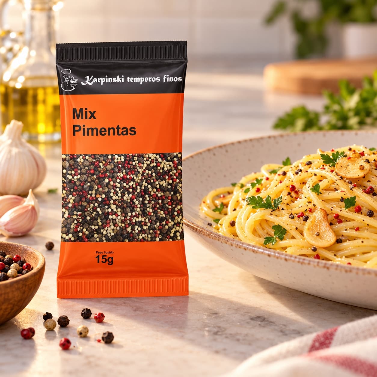 Tempero Mix de Pimentas em Sachê Karpinski 15 g — com espaguete ao alho e óleo