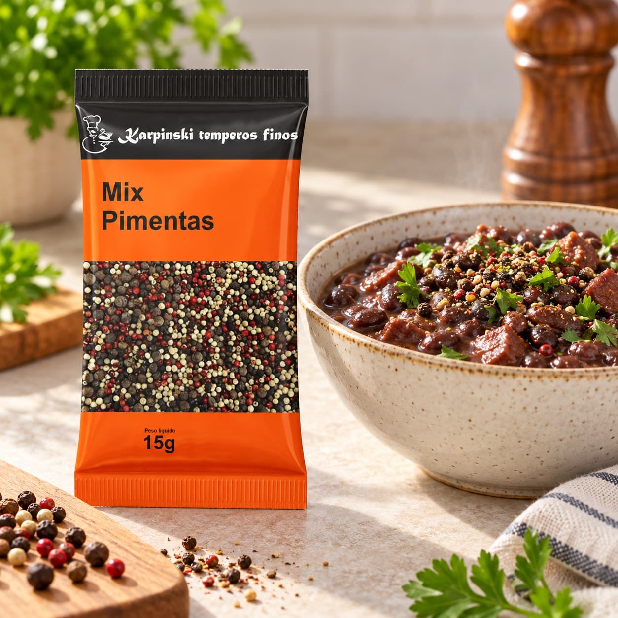Tempero Mix de Pimentas em Sachê Karpinski 15 g — ao lado de feijão cozido