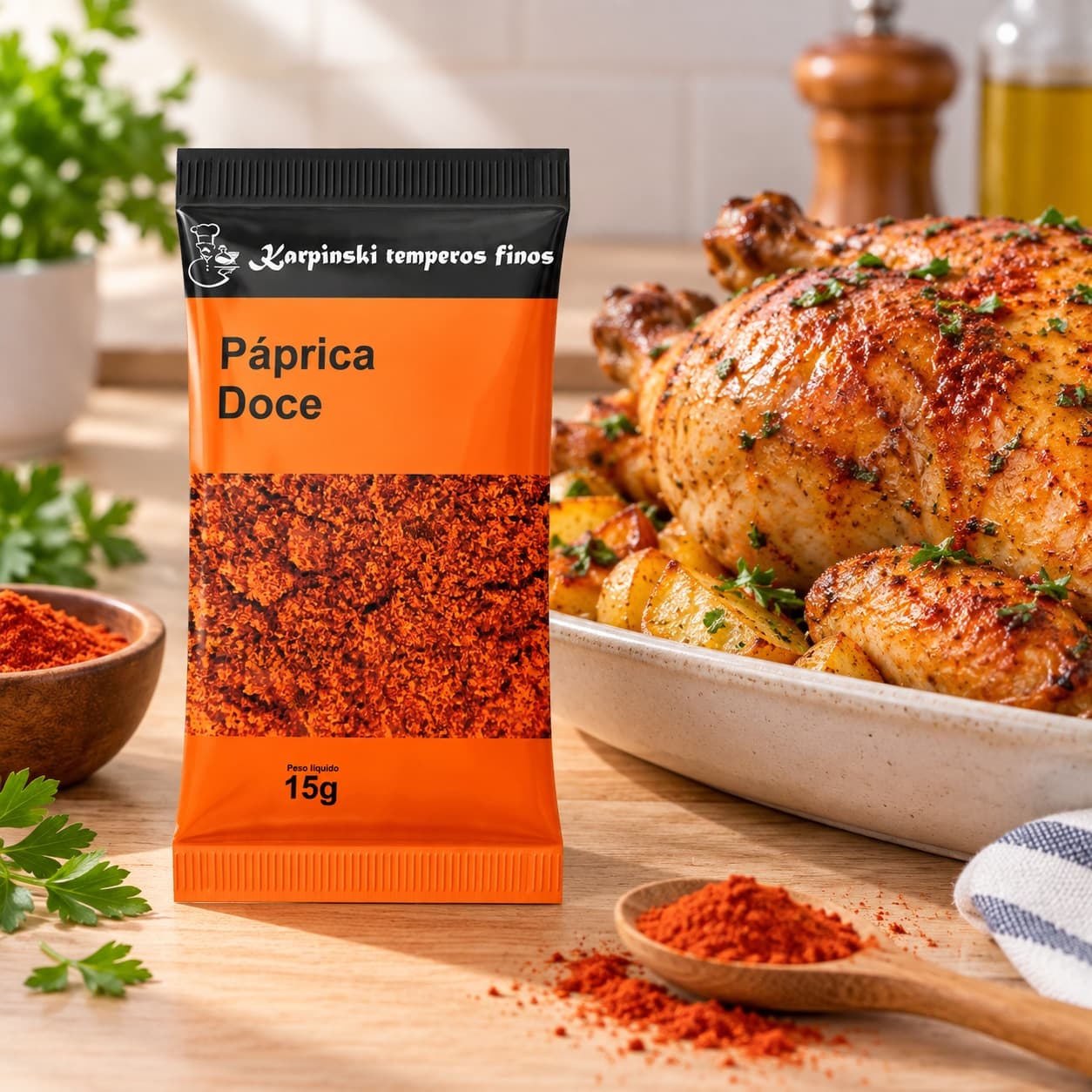 Tempero Páprica Doce em Sachê Karpinski 15 g — ao lado de frango assado