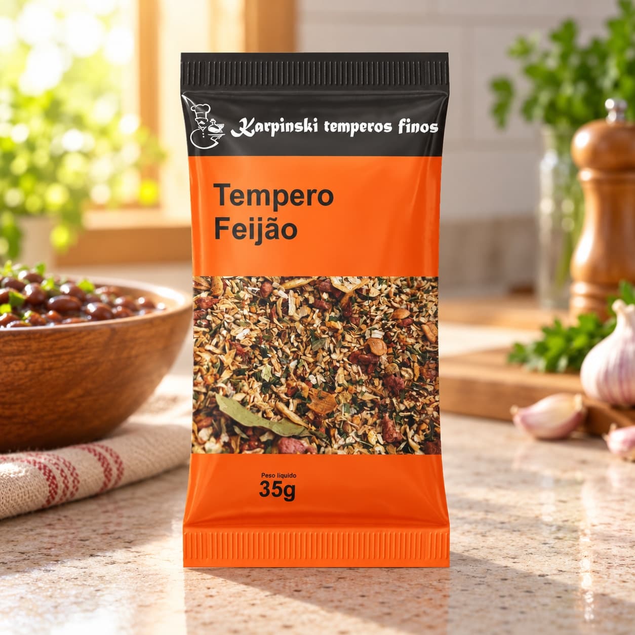 Tempero para Feijão em Sachê Karpinski 35 g — na bancada da cozinha