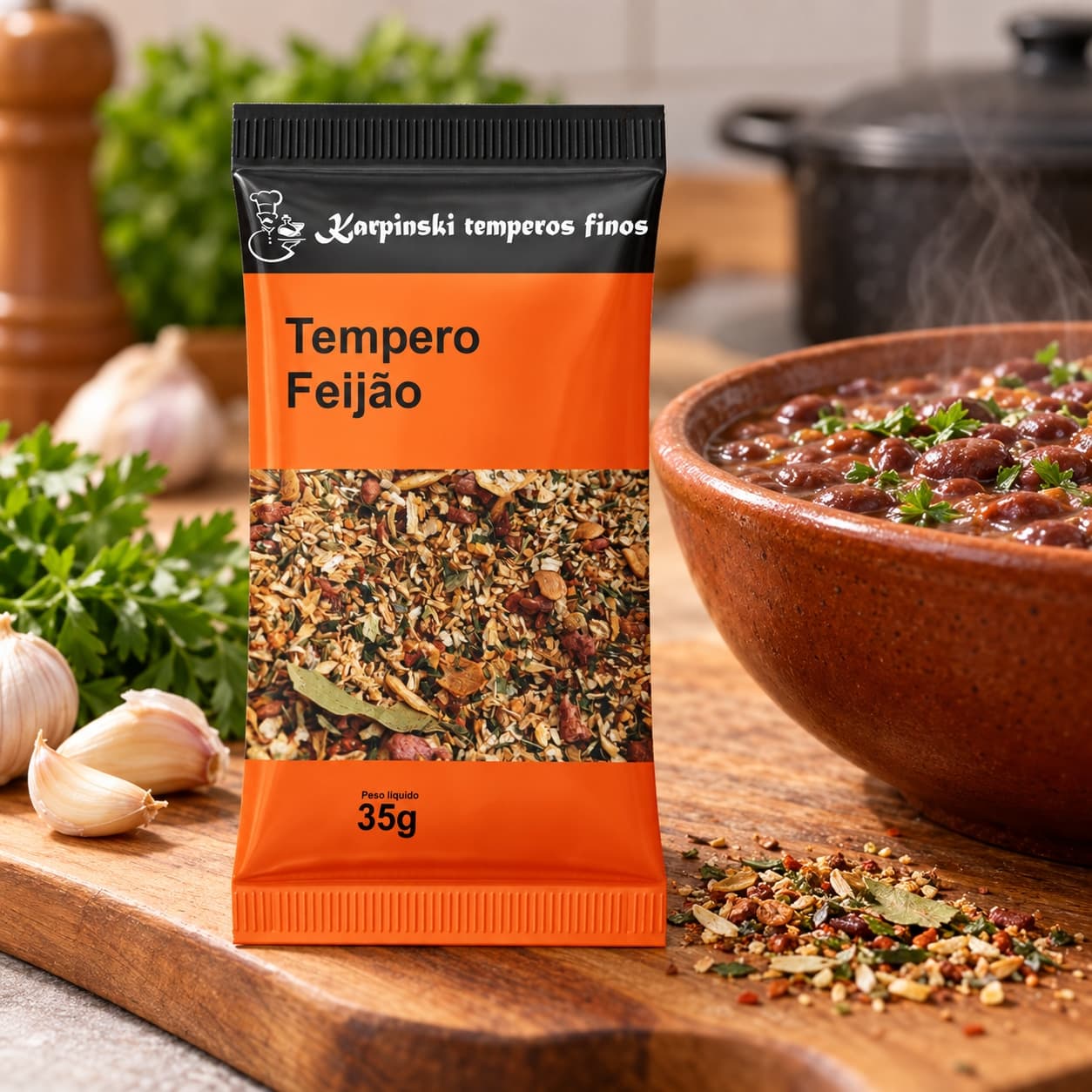 Tempero para Feijão em Sachê Karpinski 35 g — no preparo com feijão cozido