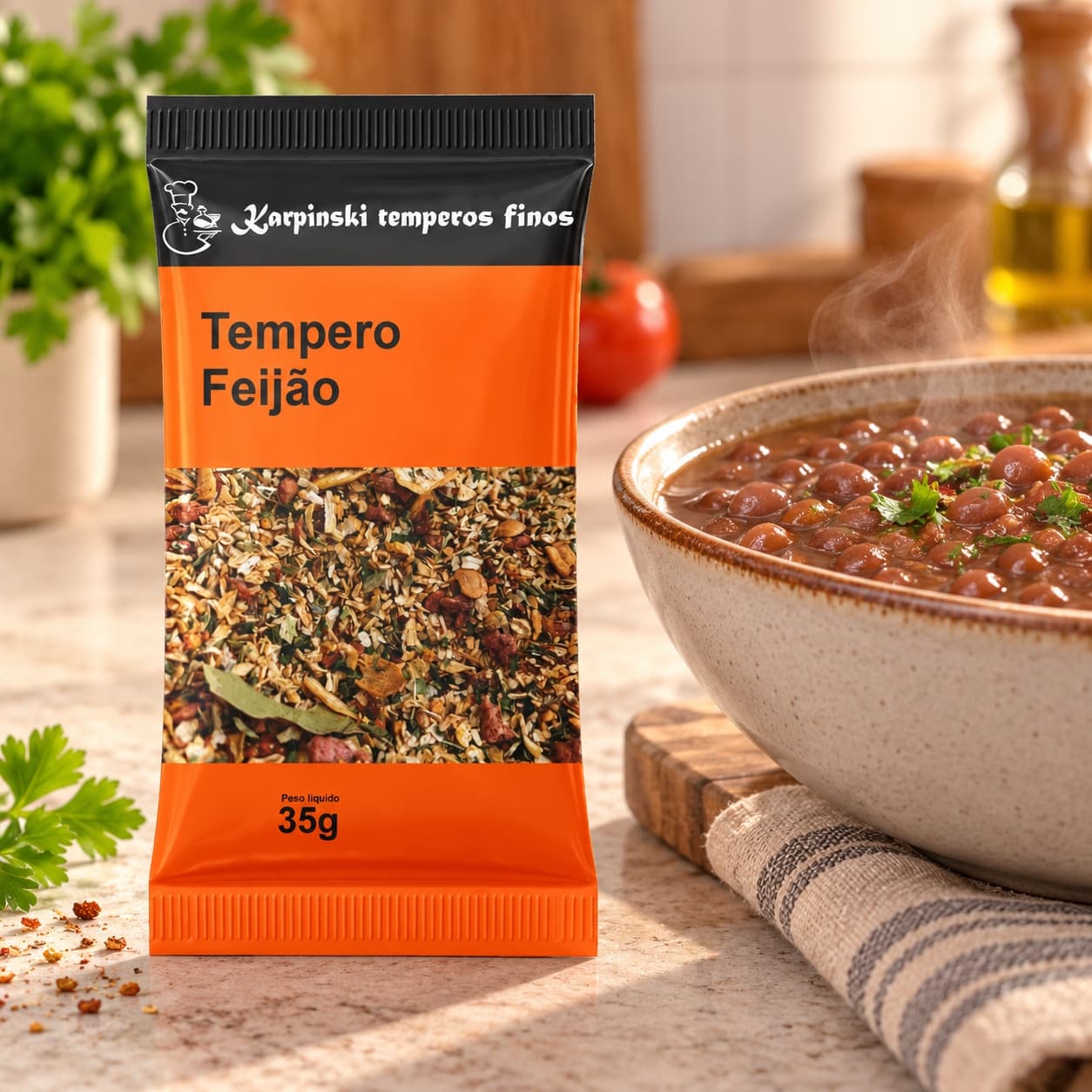 Tempero para Feijão em Sachê Karpinski 35 g — com feijão cozido