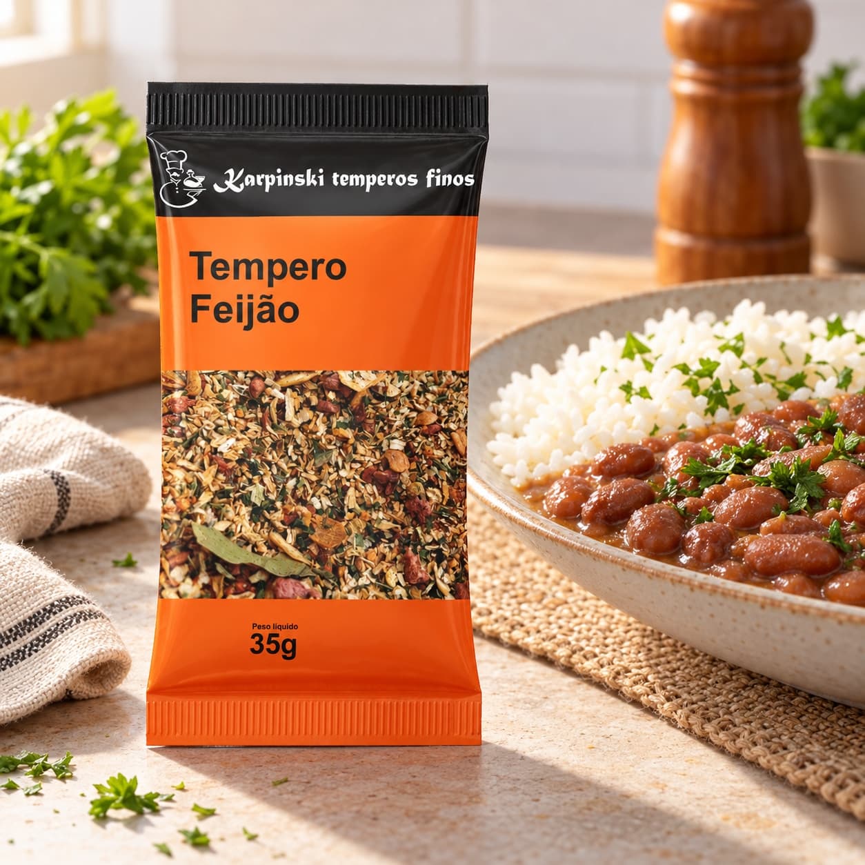 Tempero para Feijão em Sachê Karpinski 35 g — ao lado de arroz e feijão