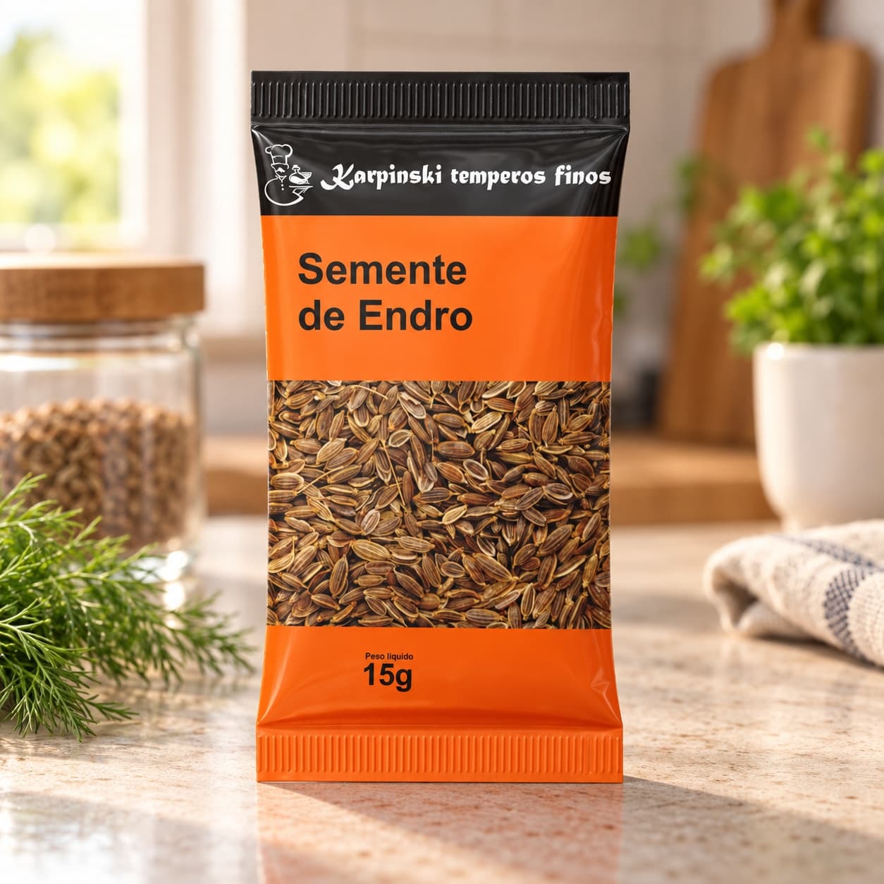 Tempero Semente de Endro (Dill) em Sachê Karpinski 15 g — na bancada da cozinha