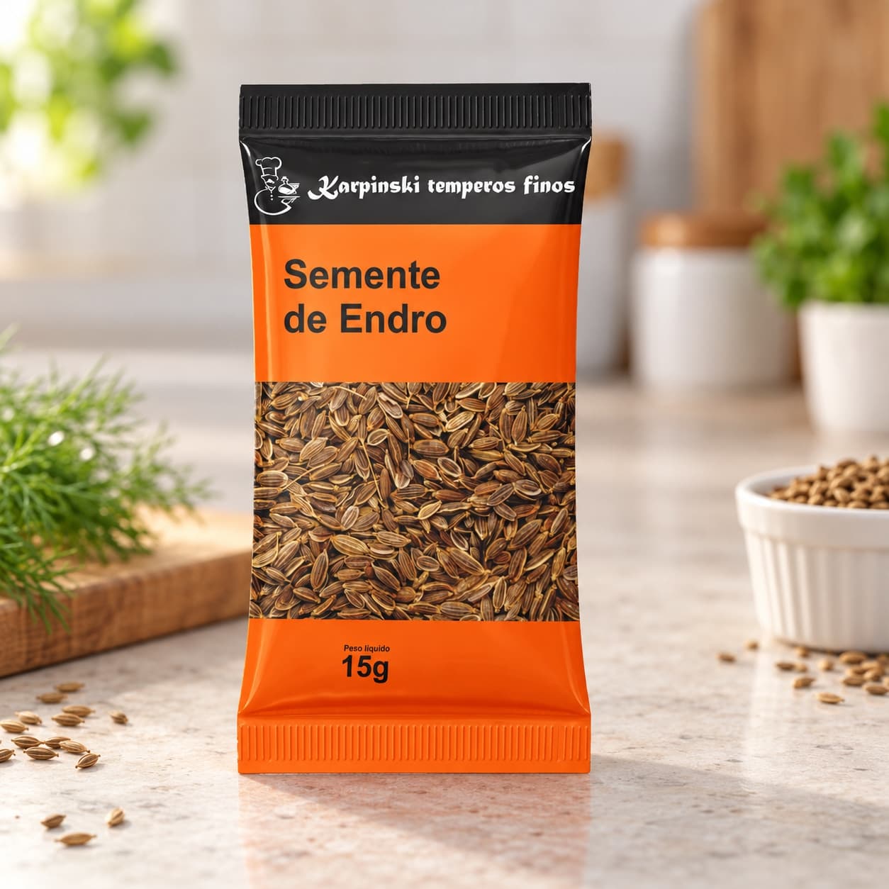 Tempero Semente de Endro (Dill) em Sachê Karpinski 15 g — detalhe da embalagem e do rótulo