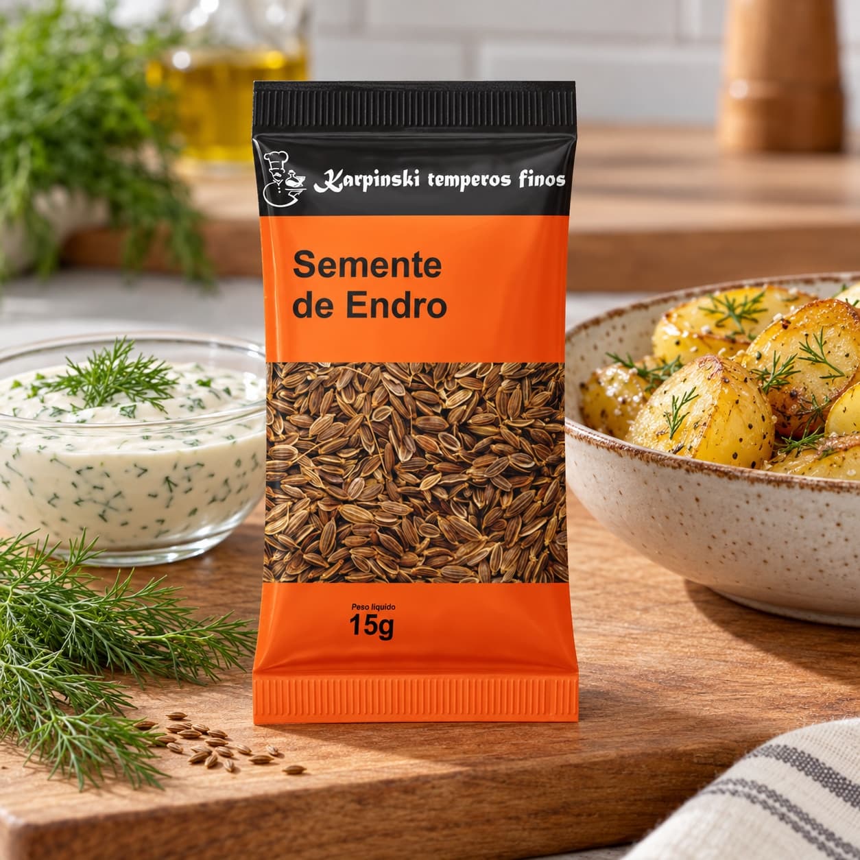 Tempero Semente de Endro (Dill) em Sachê Karpinski 15 g — no preparo com molho de iogurte e batatas