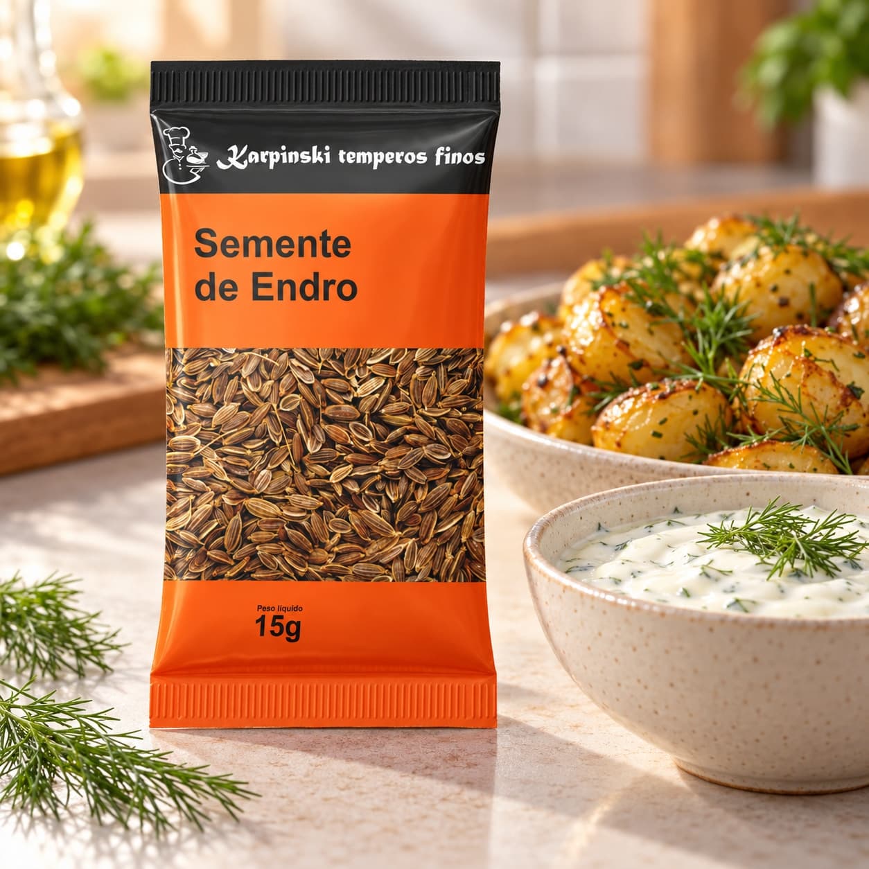 Tempero Semente de Endro (Dill) em Sachê Karpinski 15 g — com molho de iogurte e batatas