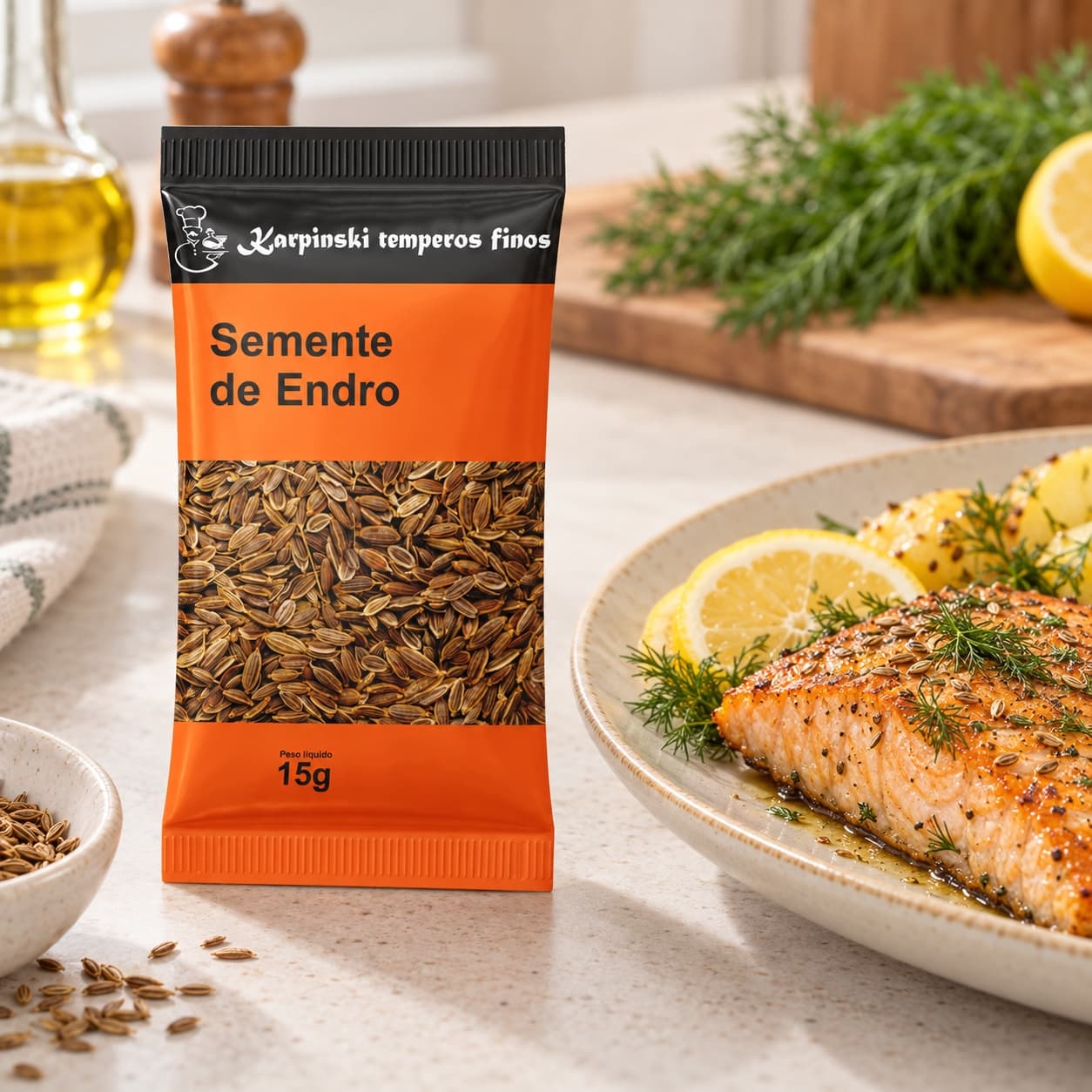 Tempero Semente de Endro (Dill) em Sachê Karpinski 15 g — ao lado de prato de peixe cozido