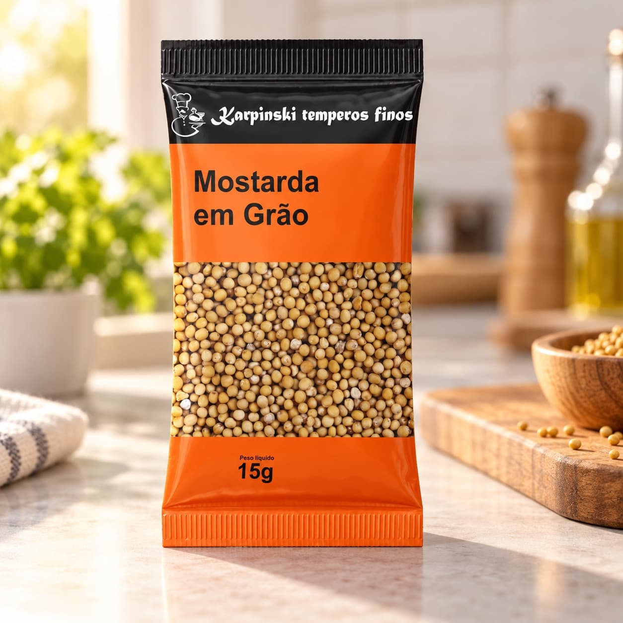 Tempero Mostarda em Grão em Sachê Karpinski 15 g — na bancada da cozinha
