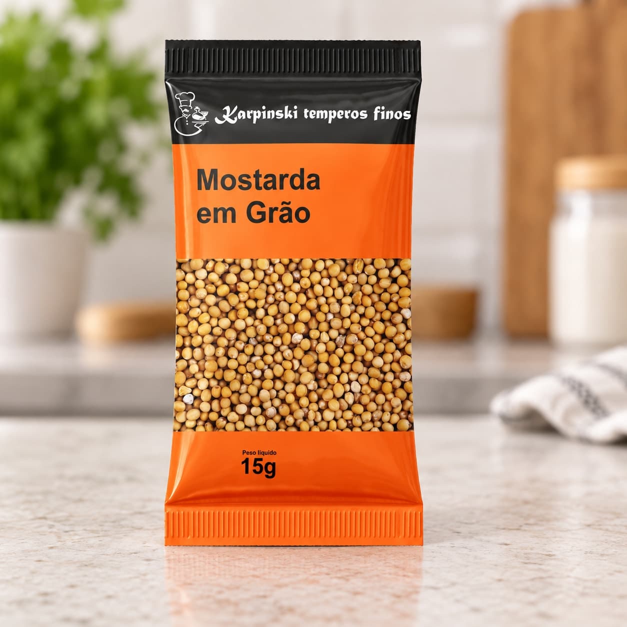 Tempero Mostarda em Grão em Sachê Karpinski 15 g — detalhe da embalagem e do rótulo