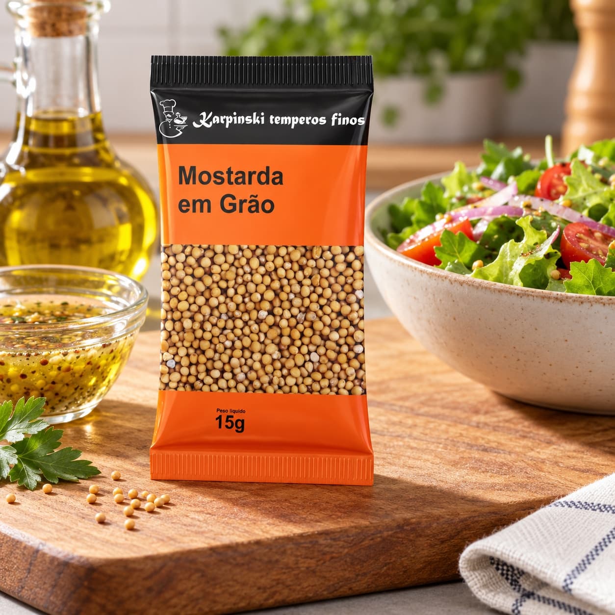Tempero Mostarda em Grão em Sachê Karpinski 15 g — no preparo com molho para salada