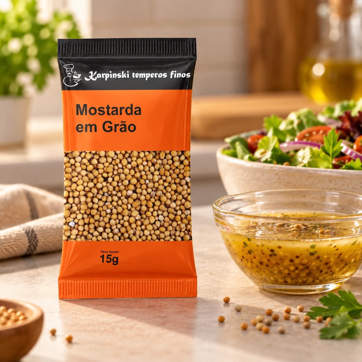 Tempero Mostarda em Grão em Sachê Karpinski 15 g — com molho para salada