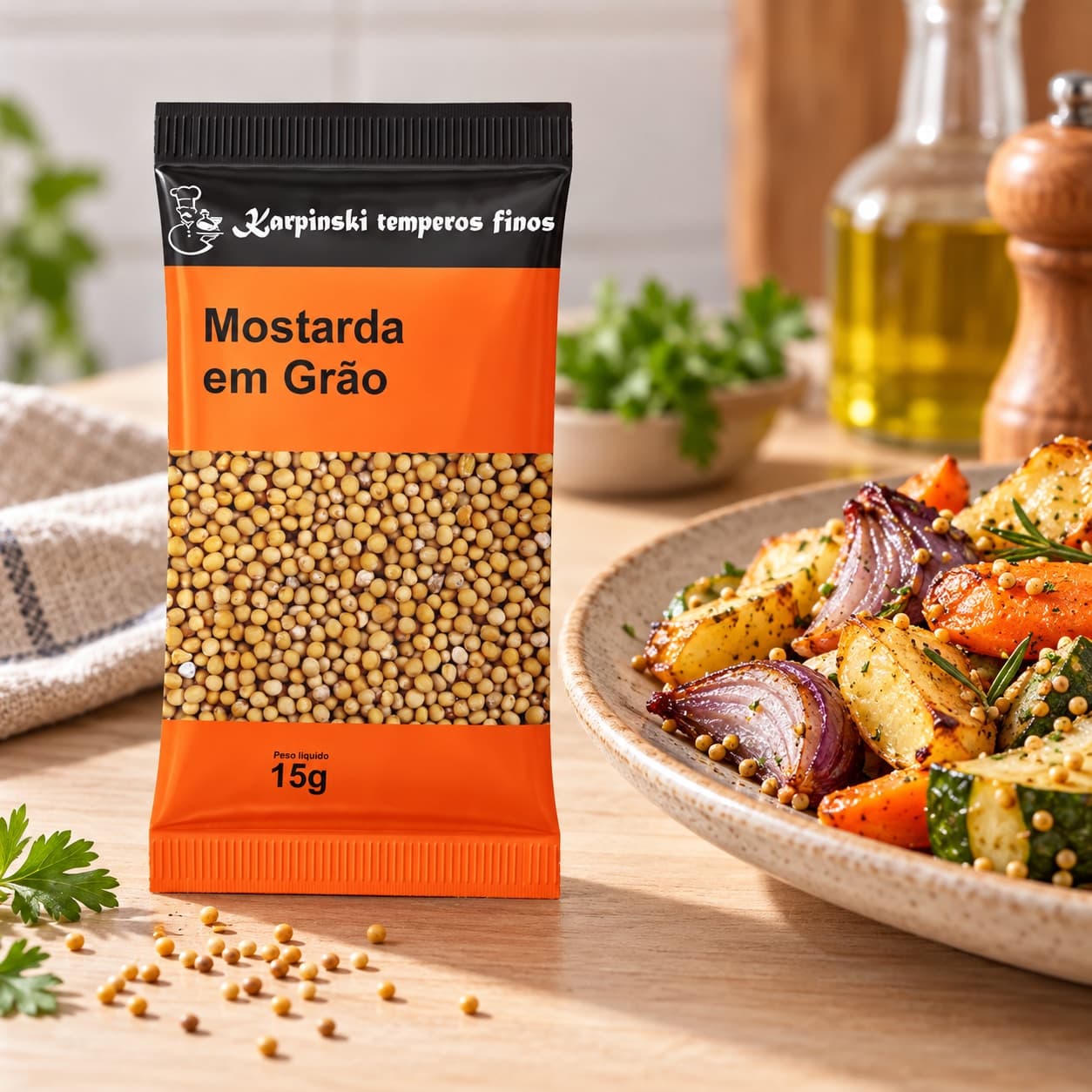 Tempero Mostarda em Grão em Sachê Karpinski 15 g — ao lado de legumes assados