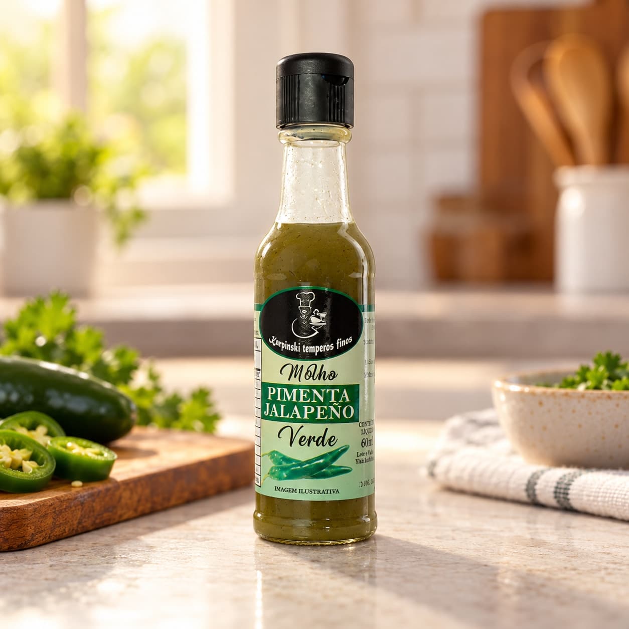 Molho de Pimenta Jalapeño Verde Karpinski 60 ml — na bancada da cozinha