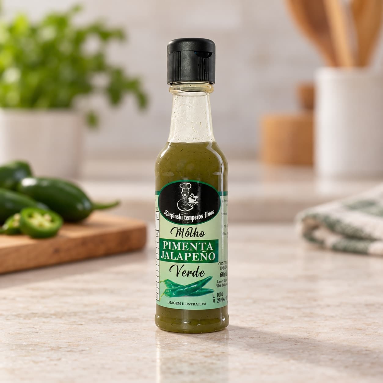 Molho de Pimenta Jalapeño Verde Karpinski 60 ml — detalhe da embalagem e do rótulo