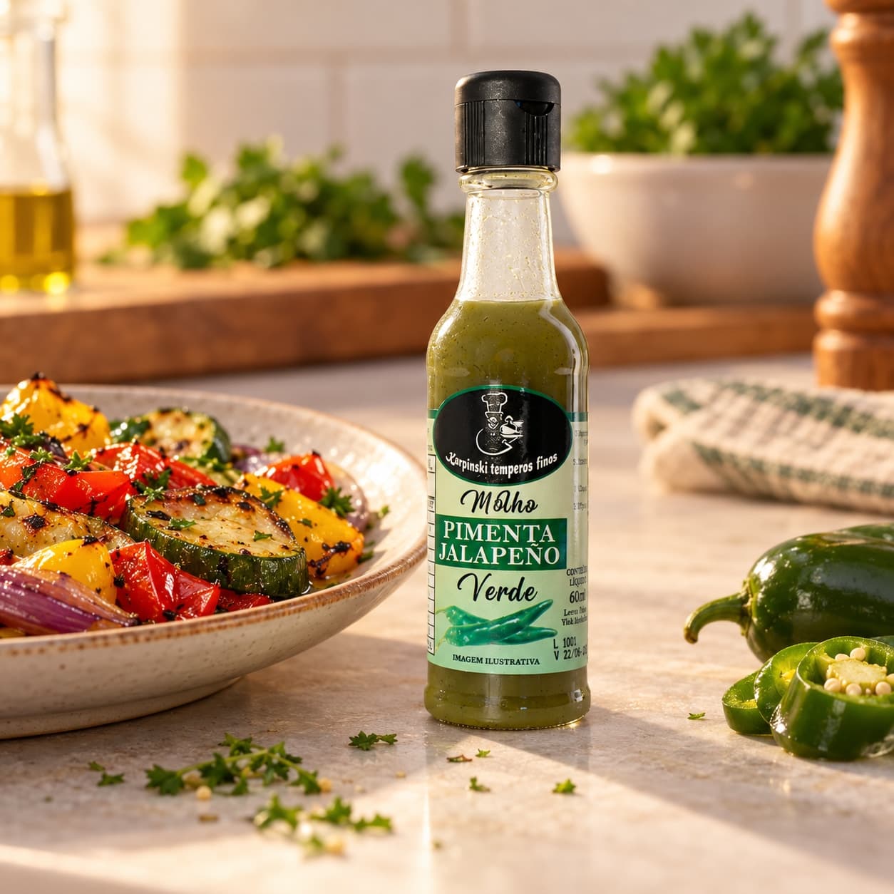 Molho de Pimenta Jalapeño Verde Karpinski 60 ml — com legumes cozidos