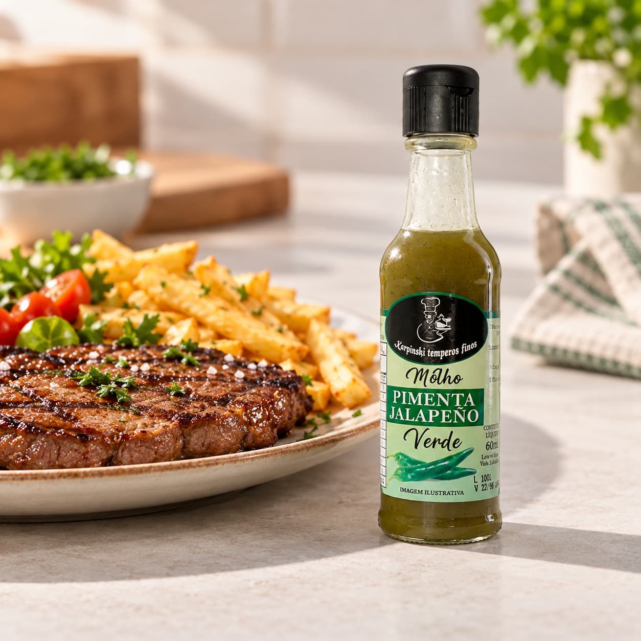 Molho de Pimenta Jalapeño Verde Karpinski 60 ml — ao lado de refeição salgada