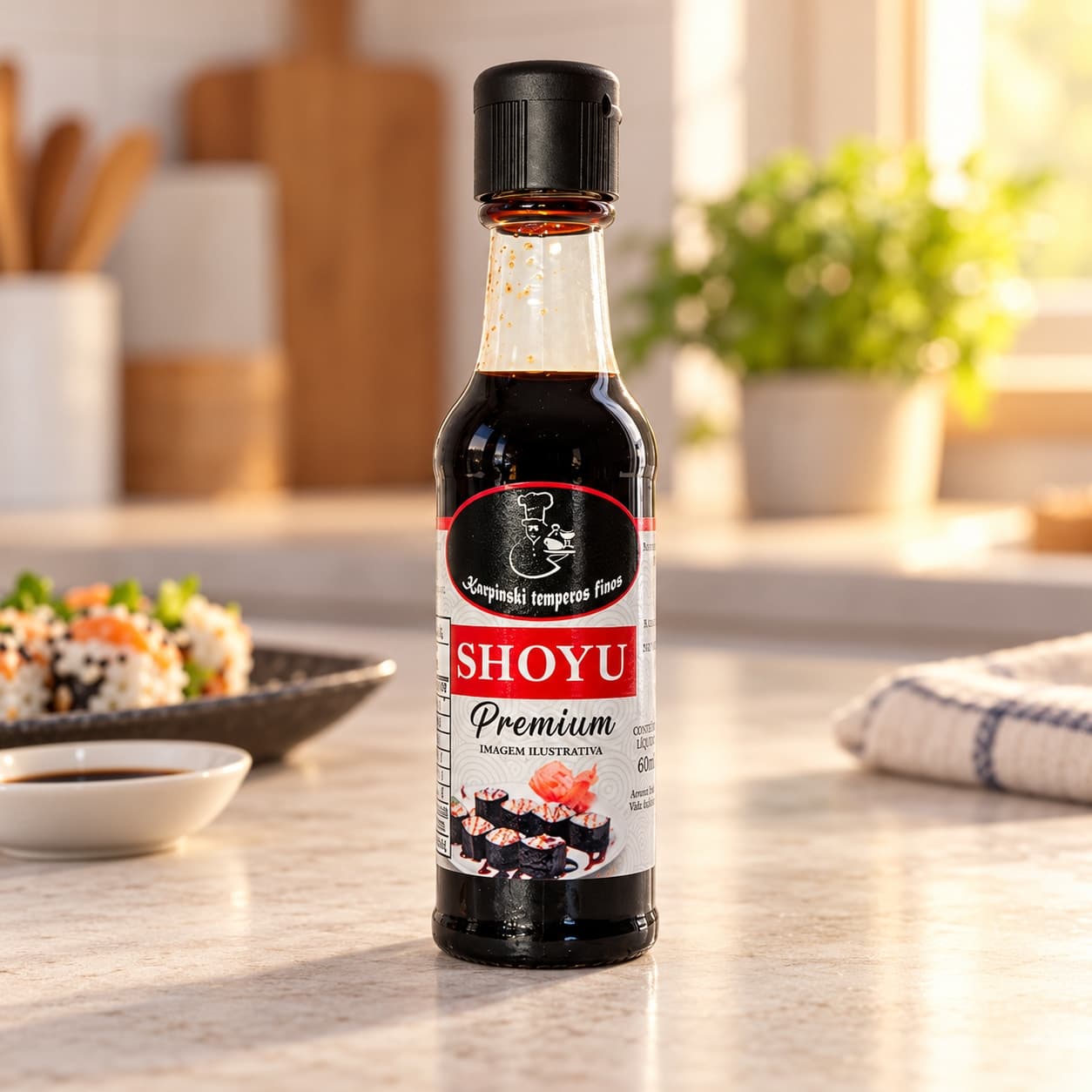 Molho Shoyu Tradicional Karpinski 60 ml — na bancada da cozinha