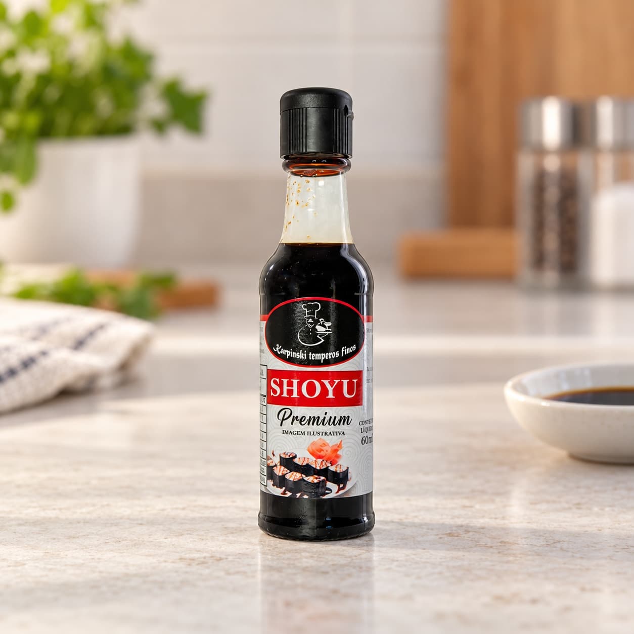 Molho Shoyu Tradicional Karpinski 60 ml — detalhe da embalagem e do rótulo