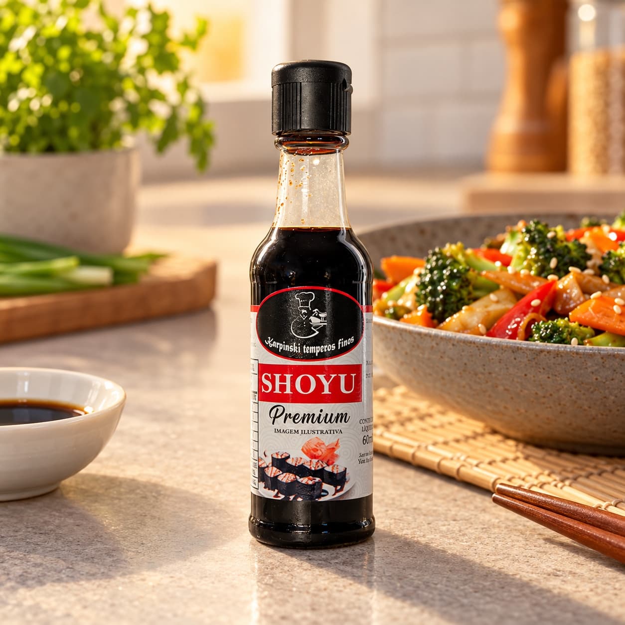 Molho Shoyu Tradicional Karpinski 60 ml — com legumes cozidos