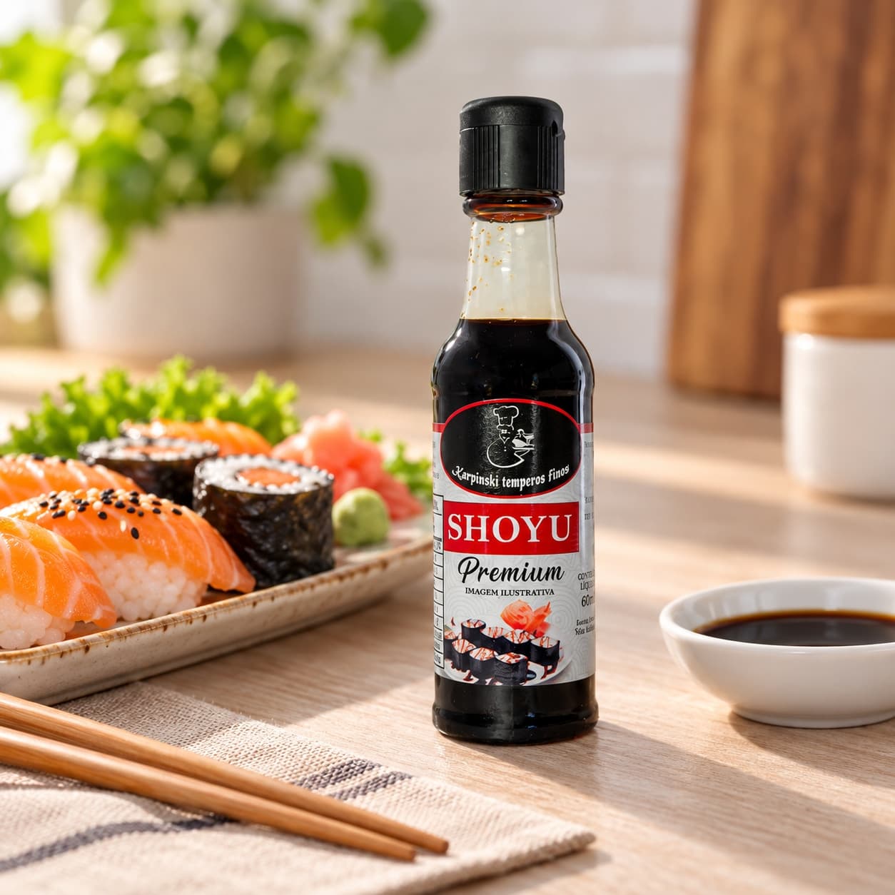 Molho Shoyu Tradicional Karpinski 60 ml — ao lado de refeição salgada