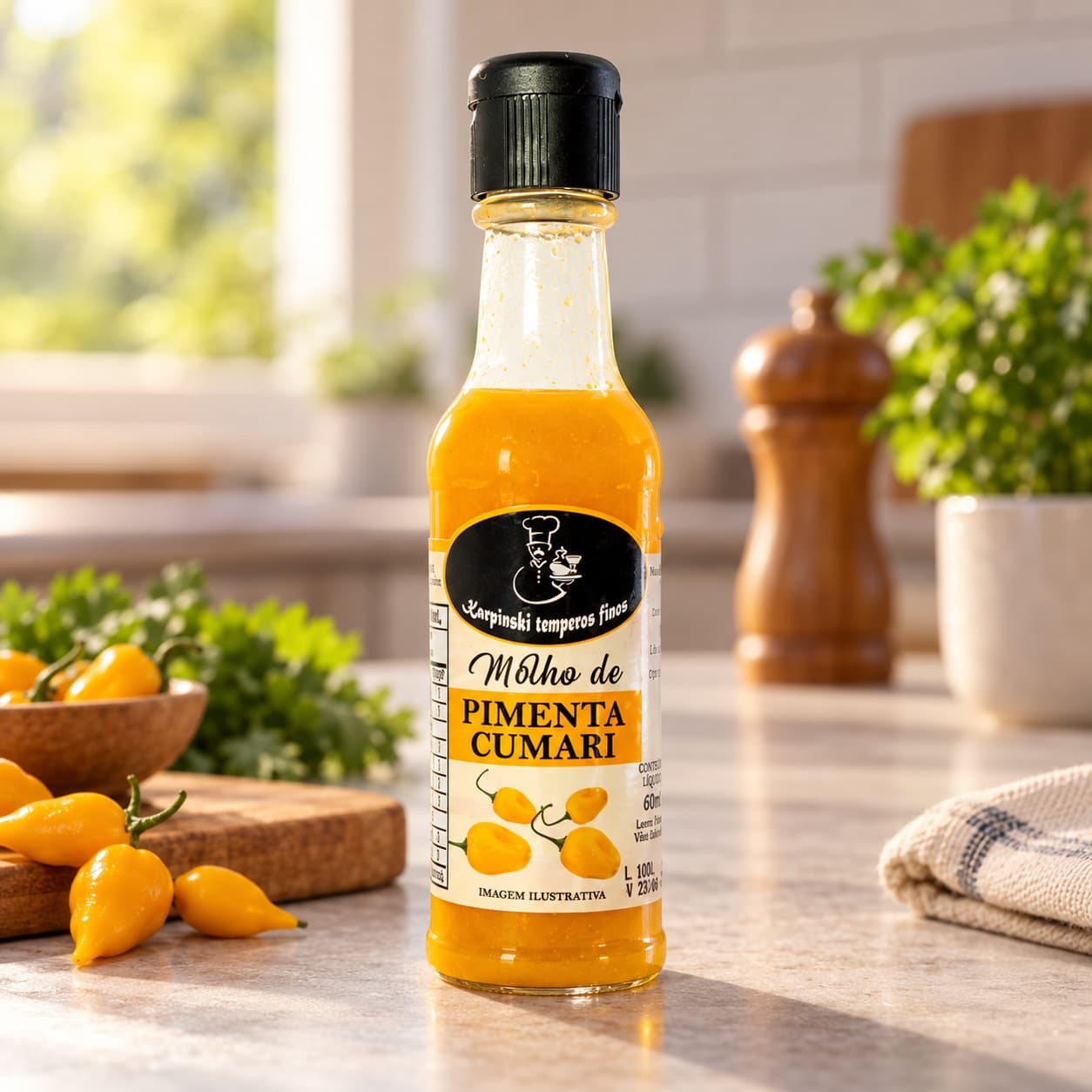 Molho de Pimenta Cumari Karpinski 60 ml — na bancada da cozinha